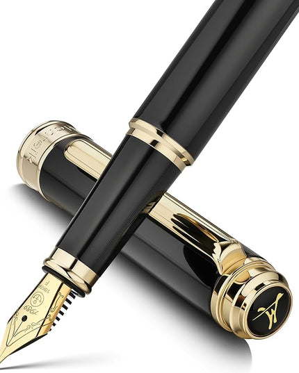 MCNTEIK 317 Fountain Pen,Stunning Luxury Black Piano Lacquer,18K Gilded Nib(Fine),Gorgeous 24K Gold Finish, Ink Converter,Fancy Gift for Men&Women-Elegant,Executive,Office,Nice Pens for Writing