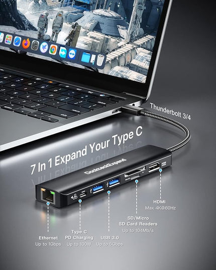 USB C Hub Multiport Adapter, DockteckExpand USB C Dongle 7 in 1 with 4K 60Hz HDMI Port, 1Gbps Ethernet, 100W PD, 2 USB 3.0 Ports, SD/TF Card Reader for MacBook iPad HP Dell XPS and More