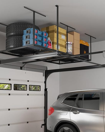 FLEXIMOUNTS 4x8 Overhead Garage Storage Rack, Adjustable Organization System, Heavy-Duty Metal Ceiling Racks, 750lbs Weight Capacity, Black, Classic Series