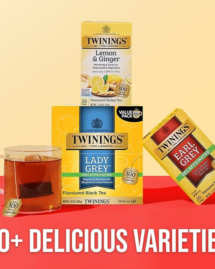 Twinings Decaffeinated Lady Grey Black Tea Individually Wrapped Bags, 100 Count (Pack of 1), Orange Peel & Lemon Peel, Fresh and Uplifting, Caffeinated, Enjoy Hot or Iced, 100 Teabags