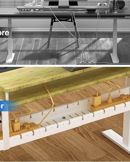 No Drilling Under Desk Cable Management, Metal Cable Management Tray Under Desk with Clamp, Retractable Power Strip Cord Holder for Wire Management 31Inch (2 Pack White)