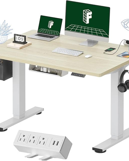 FLEXISPOT EN2 Whole-Piece Standing Desk with Clamp Power Strip, 48 x 30 Electric Stand Up Height Adjustable Desk with Cable Management (White Frame + 48" White Wood Grain Desktop, 2 Packages)
