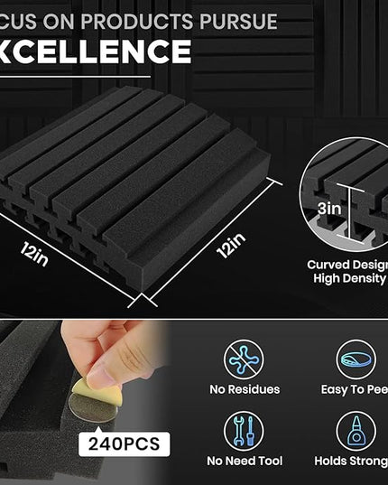 Focusound 36 Pack Curved Acoustic Foam Panels 3" x 12" x 12" Sound Proof Foam Panels Soundproofing Noise Cancelling Wedge Panels for Home Office Recoding Studio with 240 PCS Double-Side Adhesive