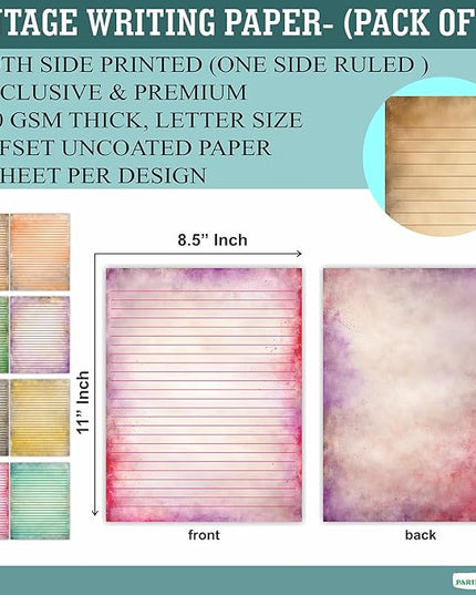 PARTH IMPEX 56 Sheets Vintage Lined Writing Paper 8.5x11 - Letter Size Ruled Stationery Rustic Old Looking Letterhead Printer Paper - 120gsm Thick Uncoated Decorative Colored Antique Aged Design