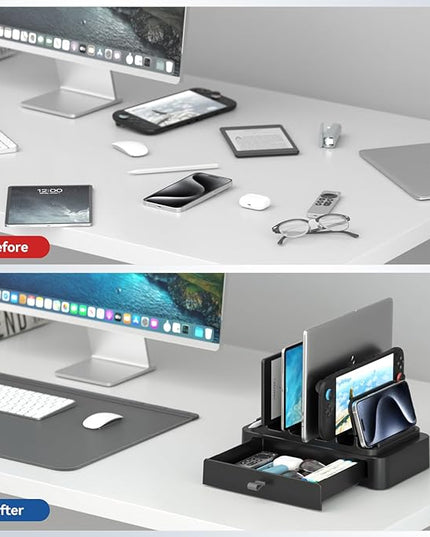 KDD Vertical Laptop Stand with Drawer - 7-in-1 Space-Saving Laptop Holder with Gravity Locking Fits MacBook, Dell, HP, Chromebook, Surface Pro, Tablet, Cell Phone, Switch, Keyboard Desktop Organizer