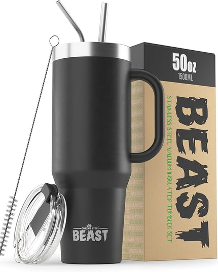 50oz Tumbler with Handle and Straw - Large Insulated Travel Mug for Water, Hot and Iced Coffee - Leak Resistant Stainless Steel Insulated Tumbler with Lid - Gifts for Mom, Women and Men (Matte Black)