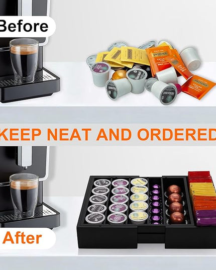 MinBoo Bamboo Drawer Organizer - Expandable K Cup & Pods Holder, Coffee Pod Storage, Tea Organizer, Versatile Kitchen Accessory Organization and Storage，Black