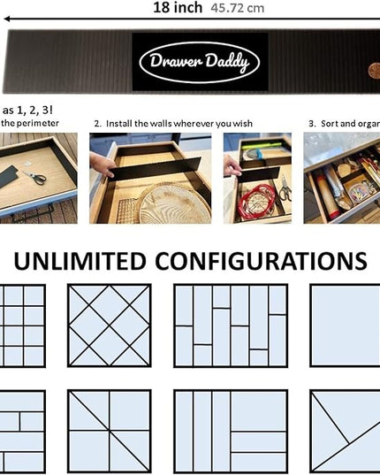 DRAWER DADDY Adjustable drawer dividers. The world’s most customizable drawer organizer for the kitchen, bathroom, desk, toolbox, and more. Installs in minutes; lasts a lifetime.
