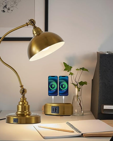 Antique Gold Vintage Desk Lamp Decorative Table Lamp for Home Office Living Room Bedroom Desk Light, Rustic Industrial Farmhouse Antique Library Study Desk Lamp E26 LED Bulb Included