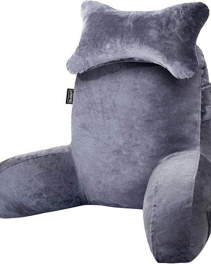 SLIGUY Reading Pillow for Sitting in Bed Couch Adult, Back Pillow with arm Support and Pockets, Adult Back Pillow Bed Chair for Bed Rest, Reading, Watching TV, Gaming for Boys and Girls Dark Grey