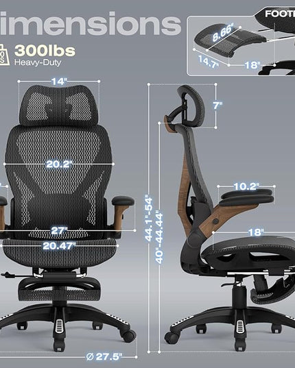 ELABEST X100 Ergonomic Office Chair with Footrest, Big and Tall Home Desk Chair with 5D Flip-Up Arms, Adjustable 3D Lumbar Support,High Back Rolling Computer Chair, Swivel Mesh Chairs (Library Oak)