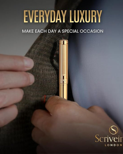 Scriveiner Luxury Fountain Pen - Stunning Gold Luxury Pen, Real Gold Finsih, Schmidt Gilded Nib (Medium), Converter, Best Pen Gift Set for Men & Women, Professional, Executive, Office, Nice Pens