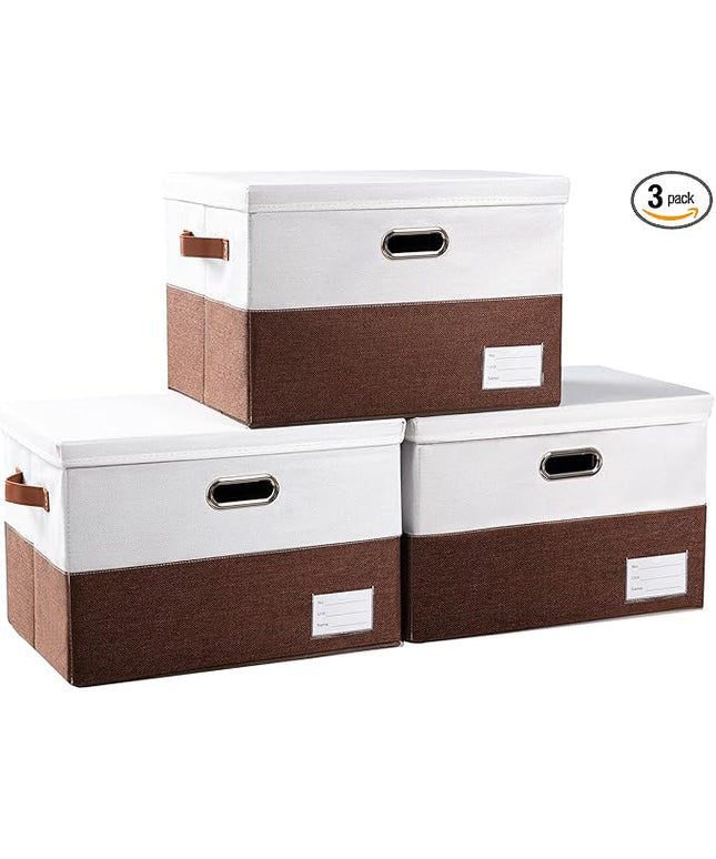 PRANDOM Foldable Storage Bins with Lids [3-Pack] Fabric Collapsible Storage Boxes Baskets Cubes Containers with Handles for Closet Living Room Bedroom (Brown & White 17.7x11.8x11.8'')