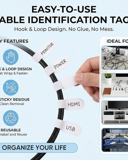 Eersida 60 Pieces Self Adhesive Cable Labels Wire Labels Nylon Writable Cord Tags Waterproof White Wire Cable Tags for Electronics Office Computers Management and Identification (Oval,2.36 Inch)