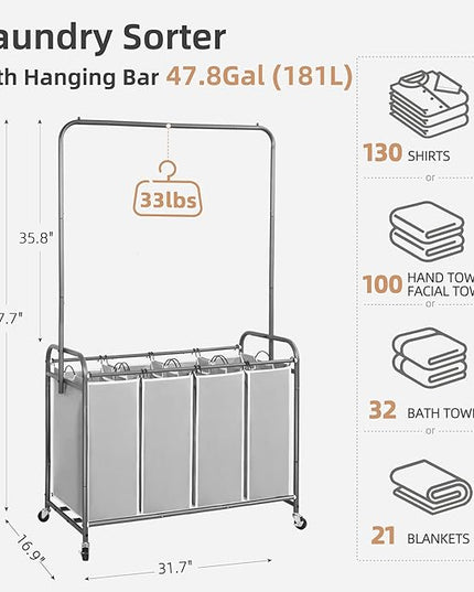 STORAGE MANIAC Laundry Sorter with Hanging Bar, Portable, Removable Laundry Hamper Cart with Heavy Duty Rolling Lockable Wheels and Removable Bags, Rolling Laundry Basket Organizer 181L, 4 Section