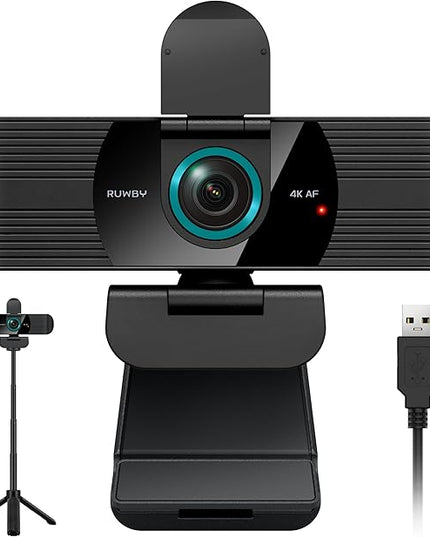 RUWBY UHD 4K Webcam with Built-in Dual Mics, Wide-Angle Lens, Privacy Cover, Tripod Stand, Autofocus Computer Camera, Plug and Play for Desktop PC or Laptop