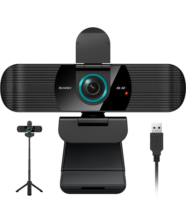 RUWBY UHD 4K Webcam with Built-in Dual Mics, Wide-Angle Lens, Privacy Cover, Tripod Stand, Autofocus Computer Camera, Plug and Play for Desktop PC or Laptop