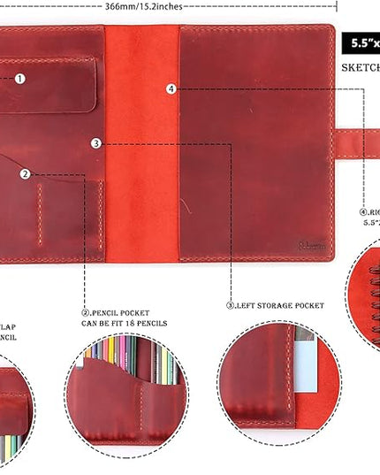 Robrasim Handmade Leather Sketchbook Cover, Leather Artist Sketch Pad Cover for 5.5" x 8.5" Sketchbook, Drawing Book and Pencil Case, Journal Notebook Portfolio, Artis Gifts-Wine