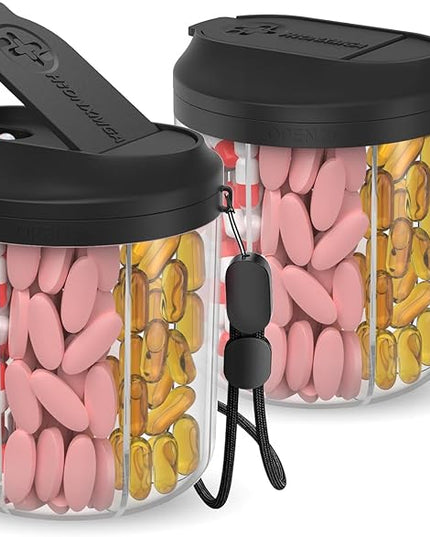 Pill Dispenser with 7 Large Compartments, 4.4" H x 3.6" Dia Pill Organizer for Travel, Supplement Organizer with Anti-Mixing Design, BPA-Free Pill Container with 20 Pcs Labels, Black 2 Pcs
