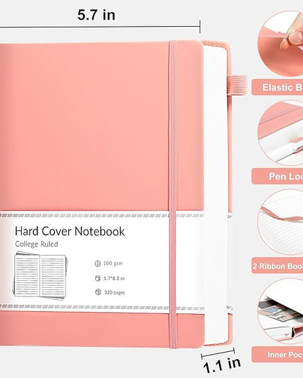 CAGIE Pink Journal Notebook for Women, 320 Pages College Ruled Notebook, 100 Gsm Paper Thick Lined Journal, A5 Hardcover Leather Journals for Writing, 5.7x8.3 In