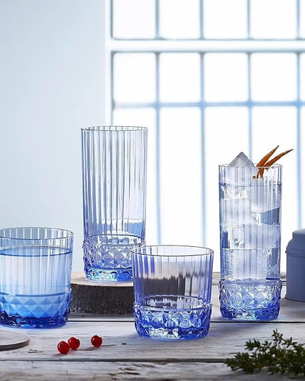 Bormioli Rocco America '20s Set Of 6 Cooler Glasses, 16.5 Oz. Colored Crystal Glass, Sapphire Blue, Made in Italy.