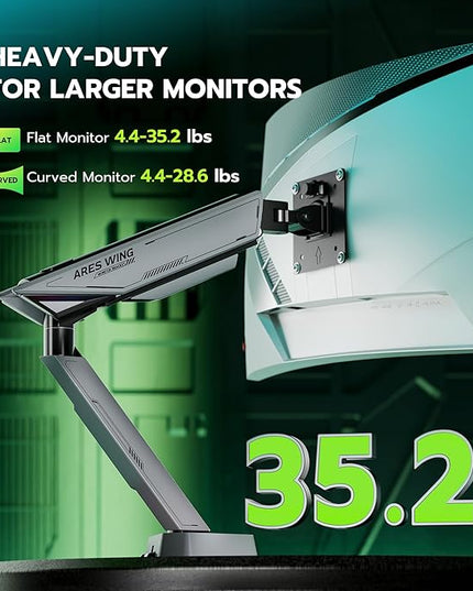 ARES WING RGB Single Monitor Arm Desk Mount for 17-45 inches Flat and Curved Monitors, Holds 35.2 lbs Heavy Duty, Adjustable Ultrawide Monitor Arm with Clamp & Grommet Base, 75/100 VESA Mount, Gray