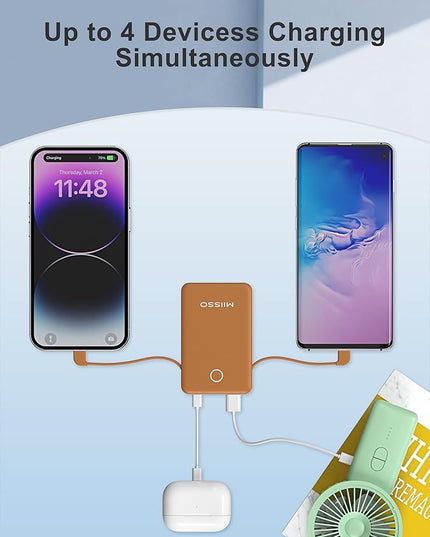 miisso 6000mah Ultra Slim Built in Cables Power Bank, Card Size Built in USB C Cords Battery Pack Portable Charger for Phones, 3 Output External Battery Pack Compatible with iPhone, Brown