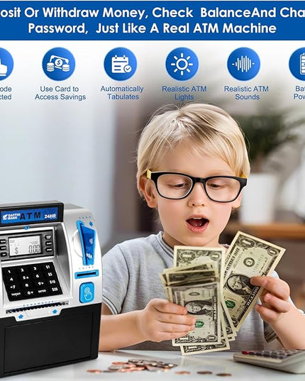 ATM Piggy Bank for Real Money – Mini ATM Bank Machine with Card & PIN, Coin & Note Recognition, Balance Calculator – Fun Electronic ATM Savings Bank for Teenagers & Adults