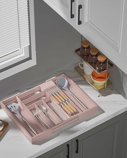 Bamboo-Silverware-Drawer-Organizer-Kitchen, Expandable Utensil Holder Cutlery Tray Flatware Organization Adjustable Wood Tableware Dividers Storage (with Removable Knife Block)(Grey Pink)