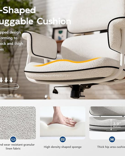 Fabric Office Chair with Granular Linen, Mid Back Vintage Desk Chair with Wheels and Wide Arms, Mid Century Modern Home Office Desk Chairs with Memory Foam Seat Cushion, Adjustable Height, White