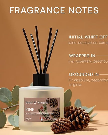 Soul & Scents Reed Diffuser Set – Pine | 7.43 oz Refillable Scented Oil with 6 Fiber Sticks | Long-Lasting Home Fragrance & Air Freshener for Bedroom, Bathroom, Office | Gift & Décor Piece