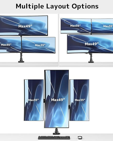 Triple Monitor Mount up to 49 inches, Fully Adjustable Heavy Duty 3 Monitor Arm with Gas Spring, Desk Mount for 3 Screens, C-Clamp & Grommet Base, Holds 44 lbs, Black