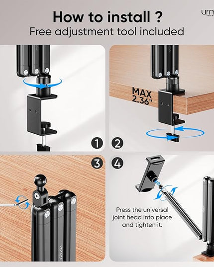 Urmust Tablet Stand for Desk, Adjustable iPad Holder Clamp Mount, 360° Rotation, Sturdy Aluminum Tablet Arm Mount for 4.7"-15.6" iPad Pro/Air/Mini, iPhone, Galaxy Tab, for Kitchen, Work, Video Call