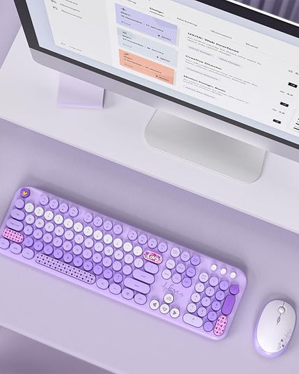 MOFII Wireless Keyboard and Mouse Combo, Full Size 2.4G Plug and Play Typewriter Retro Round Computer Keyboard and Mouse Set for Windows, Computer, Desktop, PC, Notebook - (Purple Colorful)
