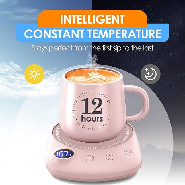 KitchekShop Coffee Mug Warmer - Fastest Heating & Highest Temperature, Coffee Cup Warmer for Desk Auto Shut Off, 4 Temp Settings & 1-12H Timer, Smart Electric Beverage Warmer for Coffee, Tea (Pink)