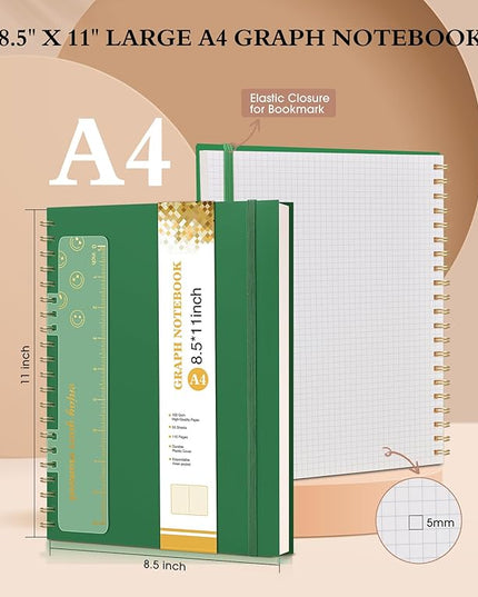Graph Paper Notebook, Spiral Notebook Journal 8.5” x 11”, A4 Large Grid Notebooks for Women Men, 100 GSM Graph Paper, Plastic Hardcover Spiral Graphing Journals for Work School Engineerin, Green
