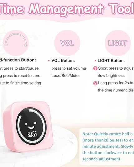 Visual Timer for Kids, 99 Minute Digital Cute Kids Visual Timer Classroom Timer for Homeschool Supplies Study Teaching Time Management Tool Countdown Count Up Timer, Pink