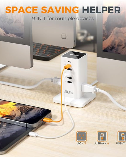 Charging Station 30W, TESSAN 9-in-1 Charger Blocks for iPhone 17/16/15/14, Tablets, Earphone with Surge Protector, 5ft Flat Extension Cord with 4 USB A, and 2 USB C for Home, Office, Drom, White