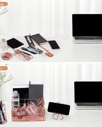 Rose Gold Desk Organizers and Accessories Office Supplies Set Stapler, Pen Holder, Phone Holder, Scissors, Pen, Ruler, 30 Paper Clips, 22 Binder Clip, 20 Tacks and 1000pcs Staples