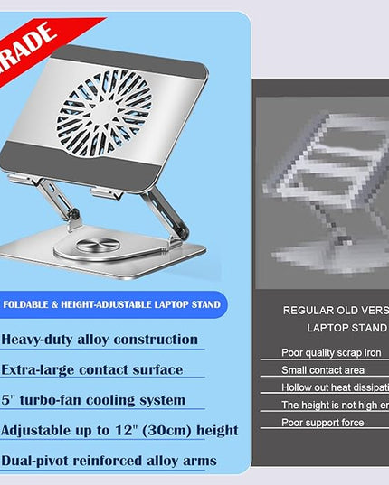 360° Rotating Laptop Stand with Cooling Fan, Foldable Dual-Bar Support & Height Adjustable Laptop Riser Holder for Desk Cooling Pad Laptop Riser Fits 10-17.3" laptops Pads