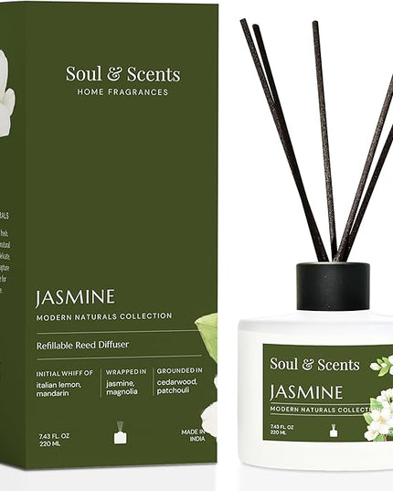 Soul & Scents Reed Diffuser Set – Jasmine | 7.43 oz Refillable Scented Oil with 6 Fiber Sticks | Long-Lasting Home Fragrance & Air Freshener for Bedroom, Bathroom, Office | Gift & Décor Piece