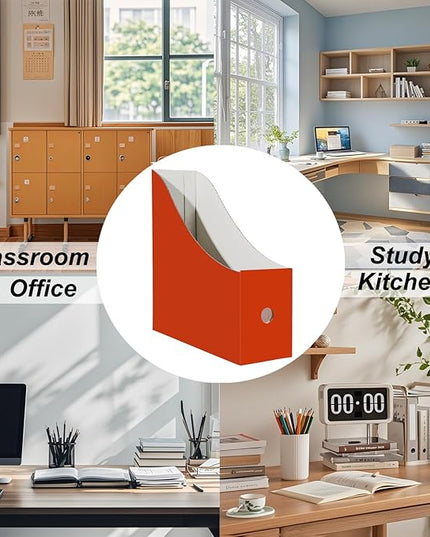 Limitliho 2 Pack Cardboard Magazine Storage Boxes, Vertical File Organizer Box for Desk or Shelves, Book Holder for Classroom,Office,Home(Orange-Red, 10.6" H x 10.2" L x 3.5" W in)
