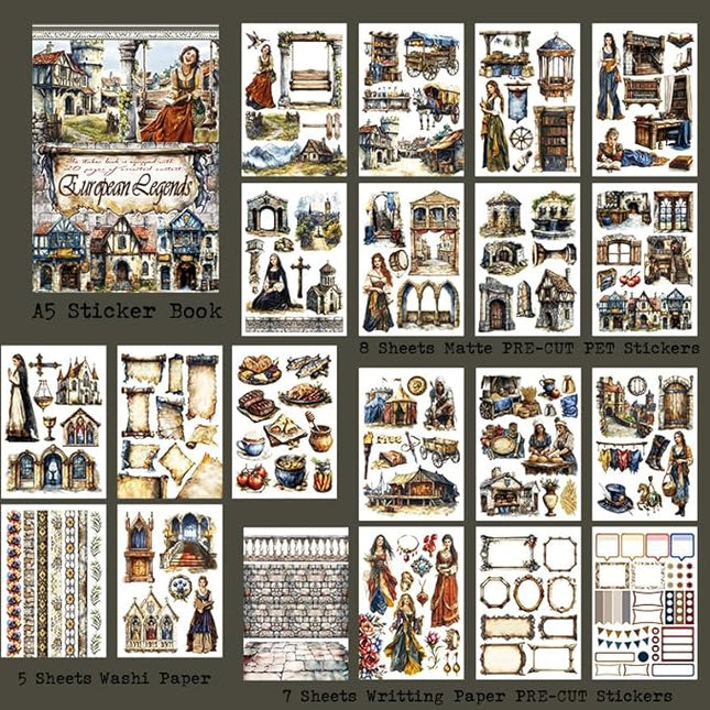 Dwpetzo Medieval European Theme Precut Journaling Sticker Book, Vintage Collage Stickers Ephemera for Junk Journals Supplies, Scrapbooking, Scrap Book, Assorted PET Washi Paper Materials, 20 Sheets