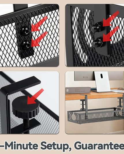 Cable Management, 15'' Under Desk Cable Management Tray No Drill, Metal Cable Organizer with Clamp for Wire Management, Cord Organizer for Home Office, Desk Accessories Organizer, Black