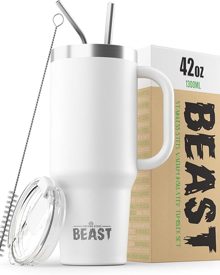 Beast 42 oz Tumbler with Handle Stainless Steel Vacuum Insulated Coffee Ice Cup Double Wall Travel Flask (Arctic White)
