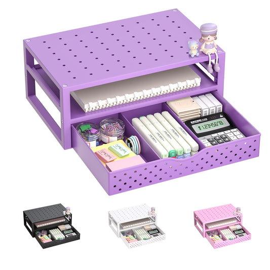 WALI Desk Organizer with Drawer，Computer Monitor Stand with Storage, Desk Organizers and Accessories for Computer, Printer, Laptop Riser for Home Office Supplies, (PTT005-V), 1 Pack, Purple