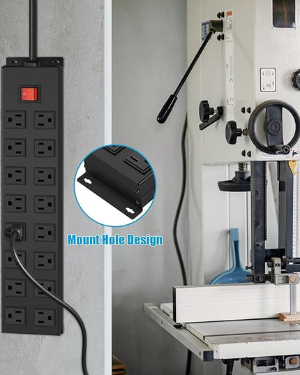 HHSOET Metal 16 Outlet Mountable Power Strip, Wall Mount Garage Workbench Socket, Gaming Table Surge Protector with 15 FT Power Cord.(Black)