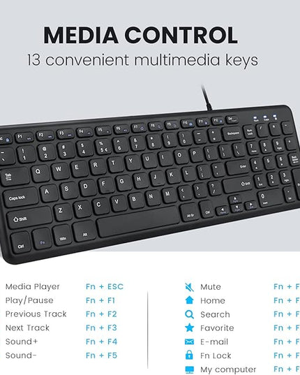 Perixx PERIBOARD-213C Wired Silent USB-C Scissor Keyboard - 14.45x4.76x0.71 Inches Compact Design with Number Pad - Black - US English
