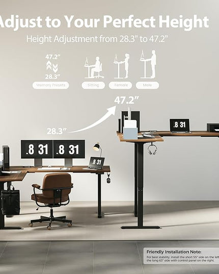 Agilestic Triple Motors 73" x 60" L Shaped Standing Desk, Electric Standing Desk Adjustable Height, Extra Large Desktop Corner Table for Home Office, Gaming Workstation, Splice Board, Dark Walnut