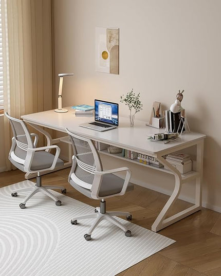Extra Long Desk with Bookshelf - 63" Double Long Writing Table for 2-Person Workstation, Modern Study Work Computer Desk for Home and Office, Warm White